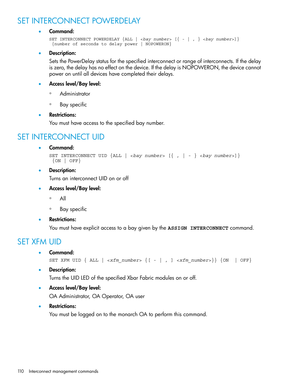 Set interconnect powerdelay, Set interconnect uid, Set xfm uid | HP Integrity Superdome 2 Server User Manual | Page 110 / 217