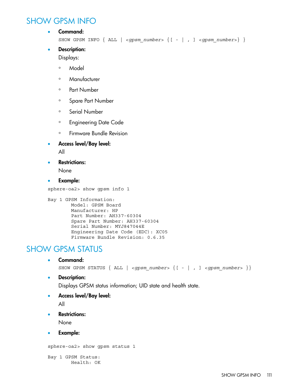 Show gpsm info, Show gpsm status, Show gpsm info show gpsm status | HP Integrity Superdome 2 Server User Manual | Page 111 / 217