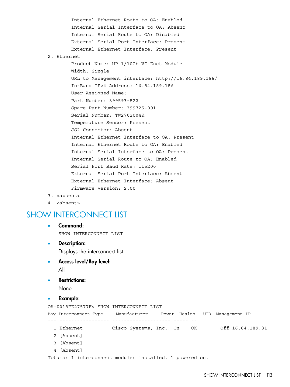 Show interconnect list | HP Integrity Superdome 2 Server User Manual | Page 113 / 217