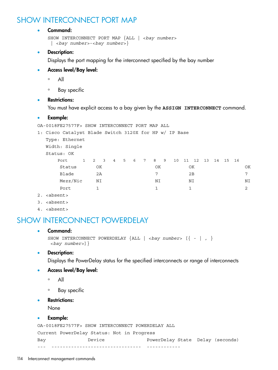 Show interconnect port map, Show interconnect powerdelay | HP Integrity Superdome 2 Server User Manual | Page 114 / 217