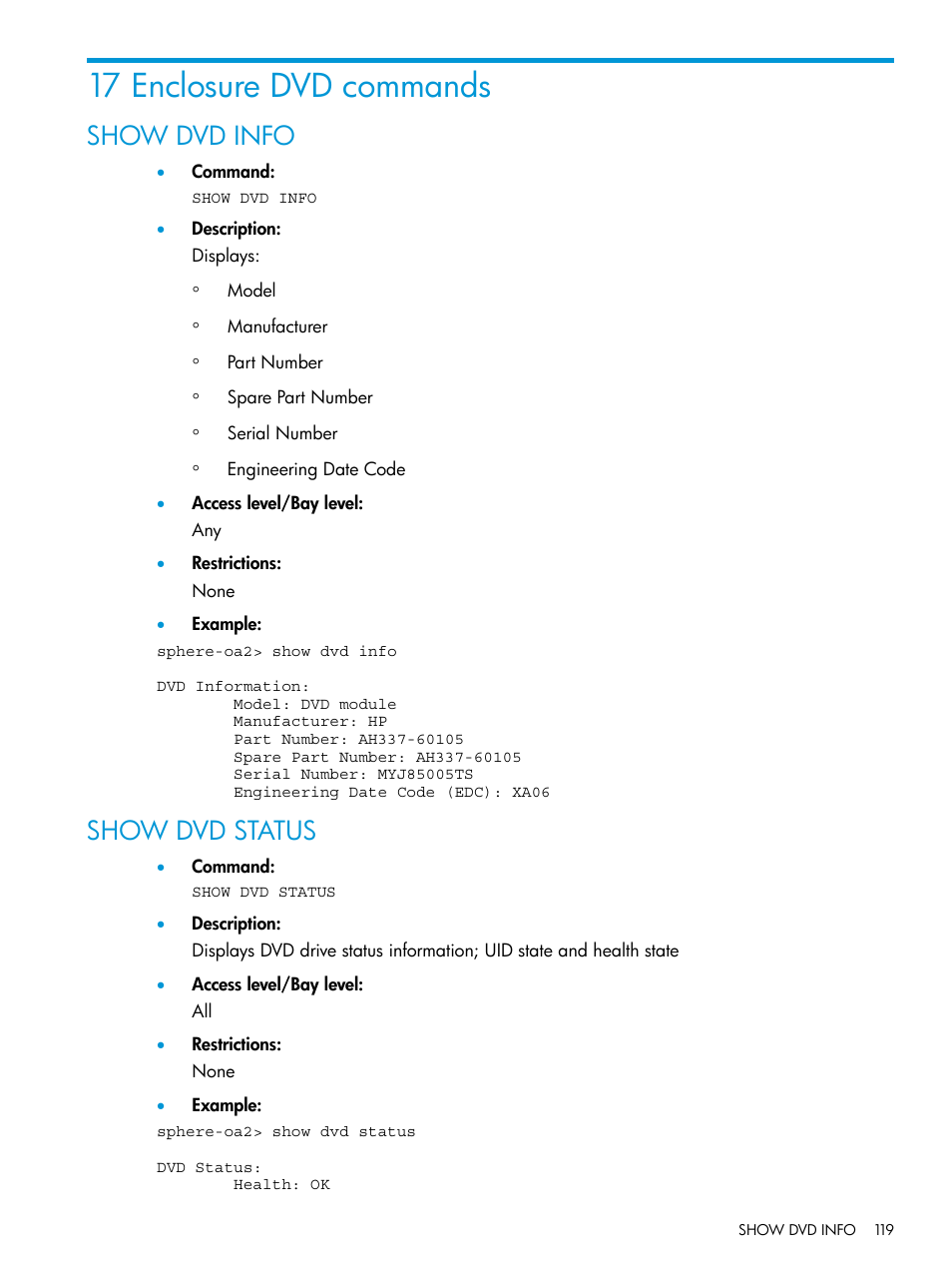 17 enclosure dvd commands, Show dvd info, Show dvd status | Show dvd info show dvd status | HP Integrity Superdome 2 Server User Manual | Page 119 / 217