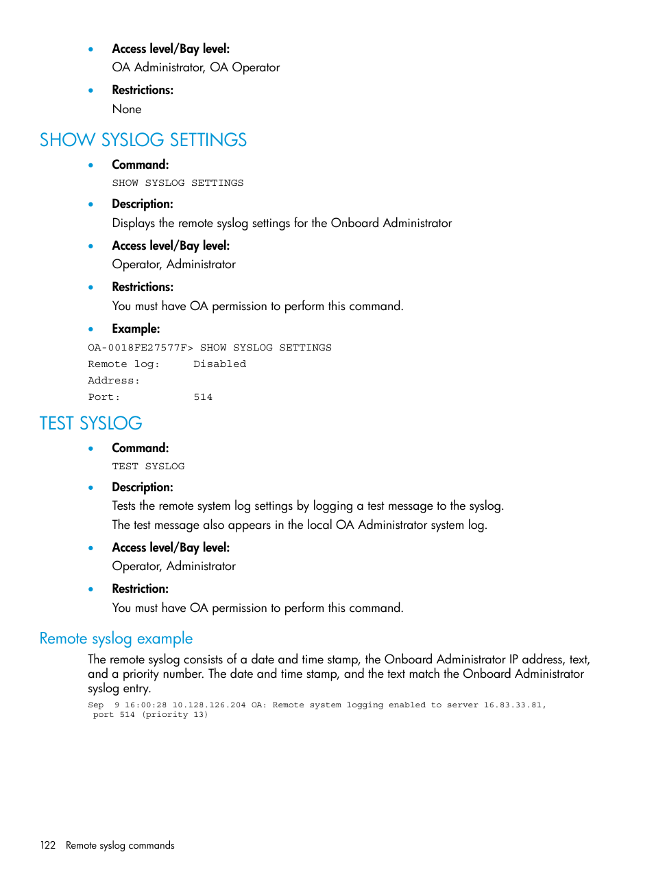 Show syslog settings, Test syslog, Remote syslog example | Show syslog settings test syslog | HP Integrity Superdome 2 Server User Manual | Page 122 / 217