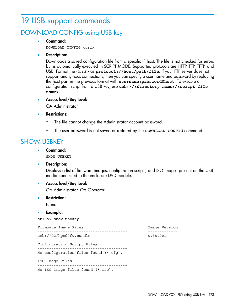 19 usb support commands, Download config using usb key, Show usbkey | Download config using usb key show usbkey | HP Integrity Superdome 2 Server User Manual | Page 123 / 217