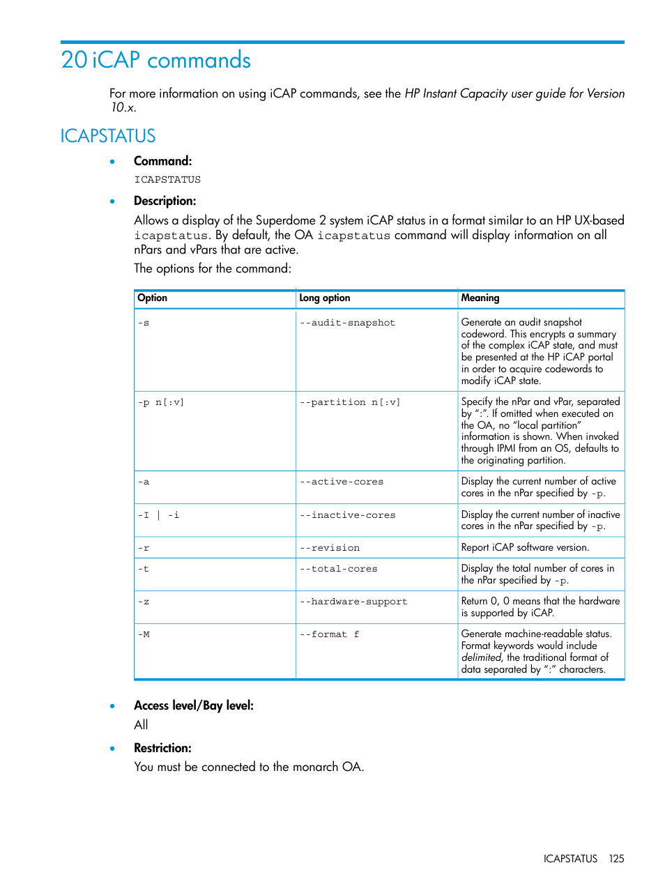 20 icap commands, Icapstatus | HP Integrity Superdome 2 Server User Manual | Page 125 / 217