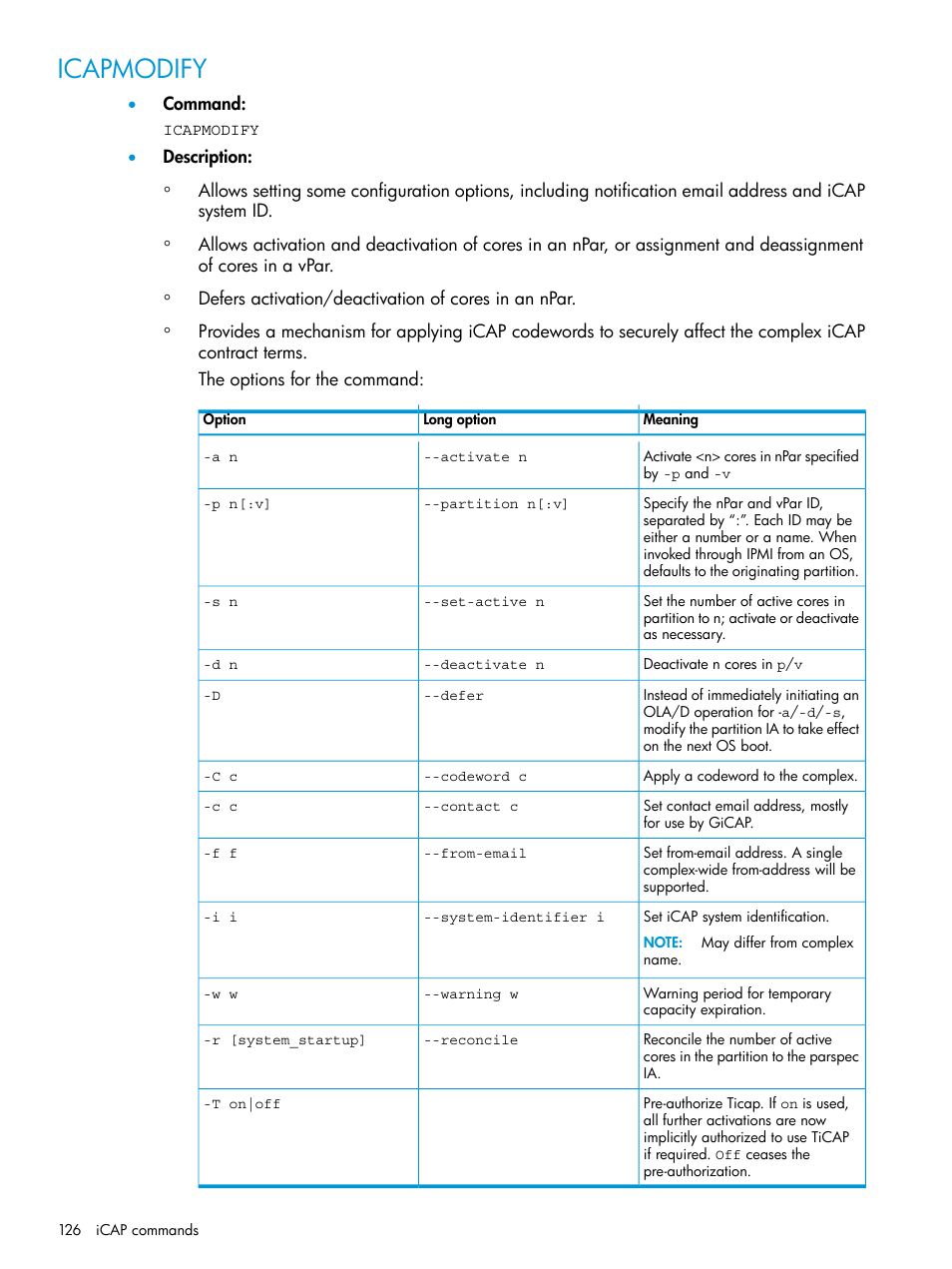 Icapmodify | HP Integrity Superdome 2 Server User Manual | Page 126 / 217