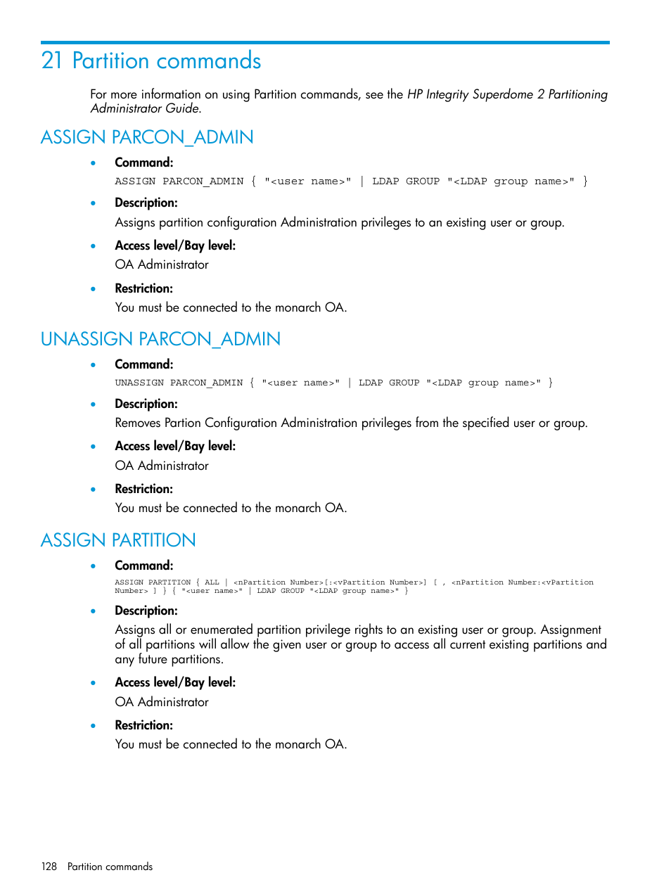 21 partition commands, Assign parcon_admin, Unassign parcon_admin | Assign partition | HP Integrity Superdome 2 Server User Manual | Page 128 / 217