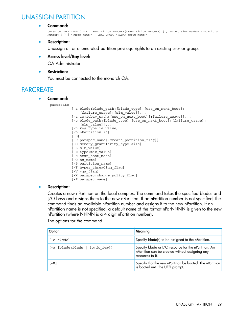 Unassign partition, Parcreate | HP Integrity Superdome 2 Server User Manual | Page 129 / 217