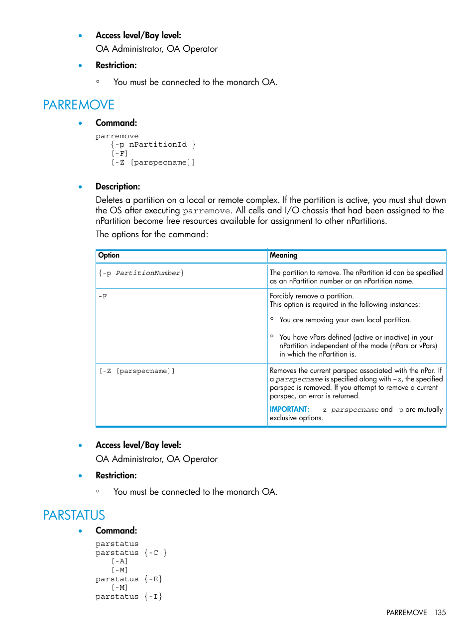 Parremove, Parstatus, Parremove parstatus | HP Integrity Superdome 2 Server User Manual | Page 135 / 217