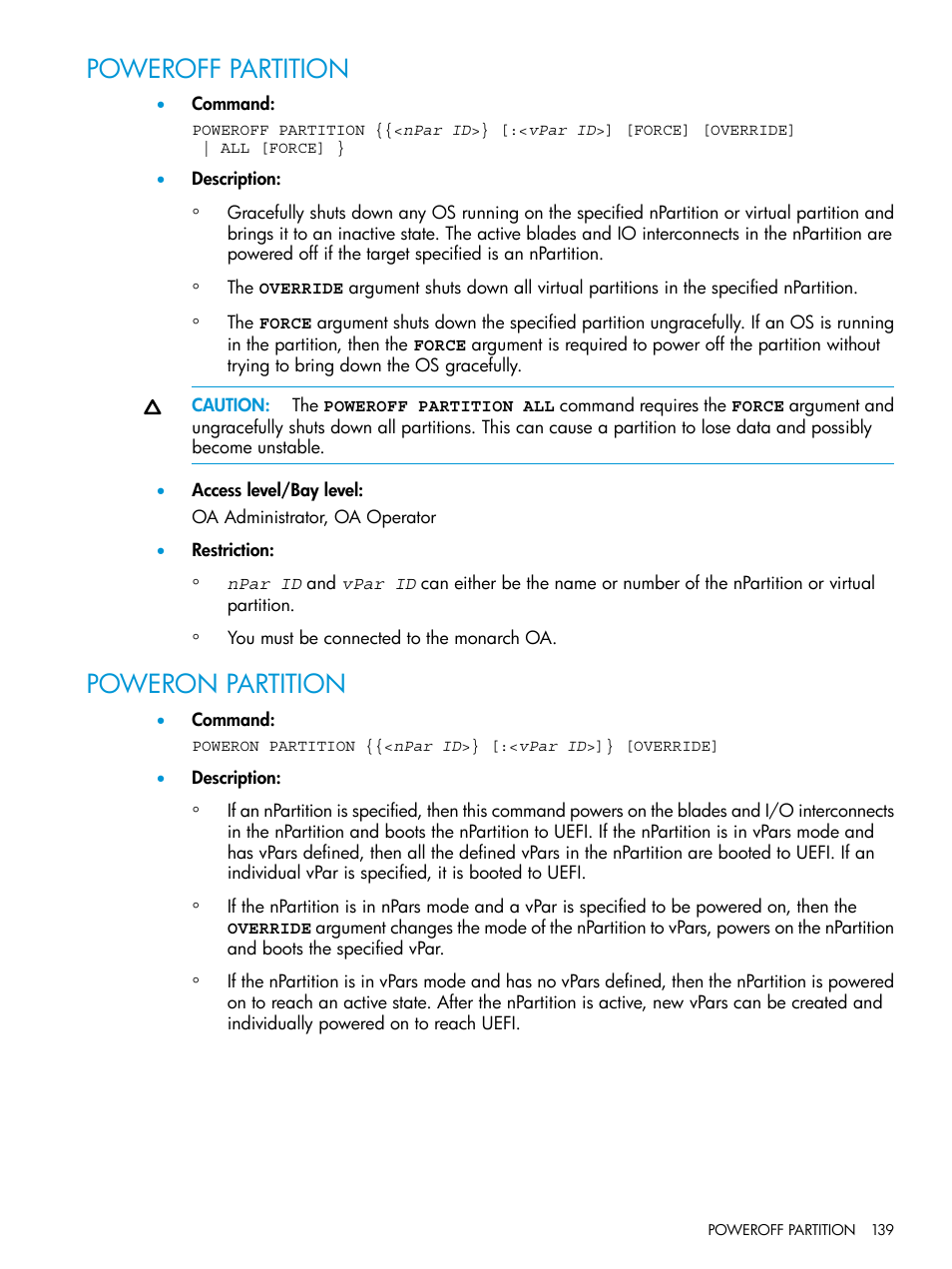 Poweroff partition, Poweron partition, Poweroff partition poweron partition | HP Integrity Superdome 2 Server User Manual | Page 139 / 217