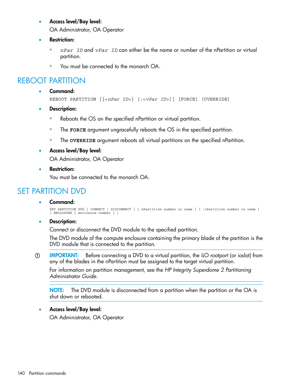 Reboot partition, Set partition dvd, Reboot partition set partition dvd | HP Integrity Superdome 2 Server User Manual | Page 140 / 217