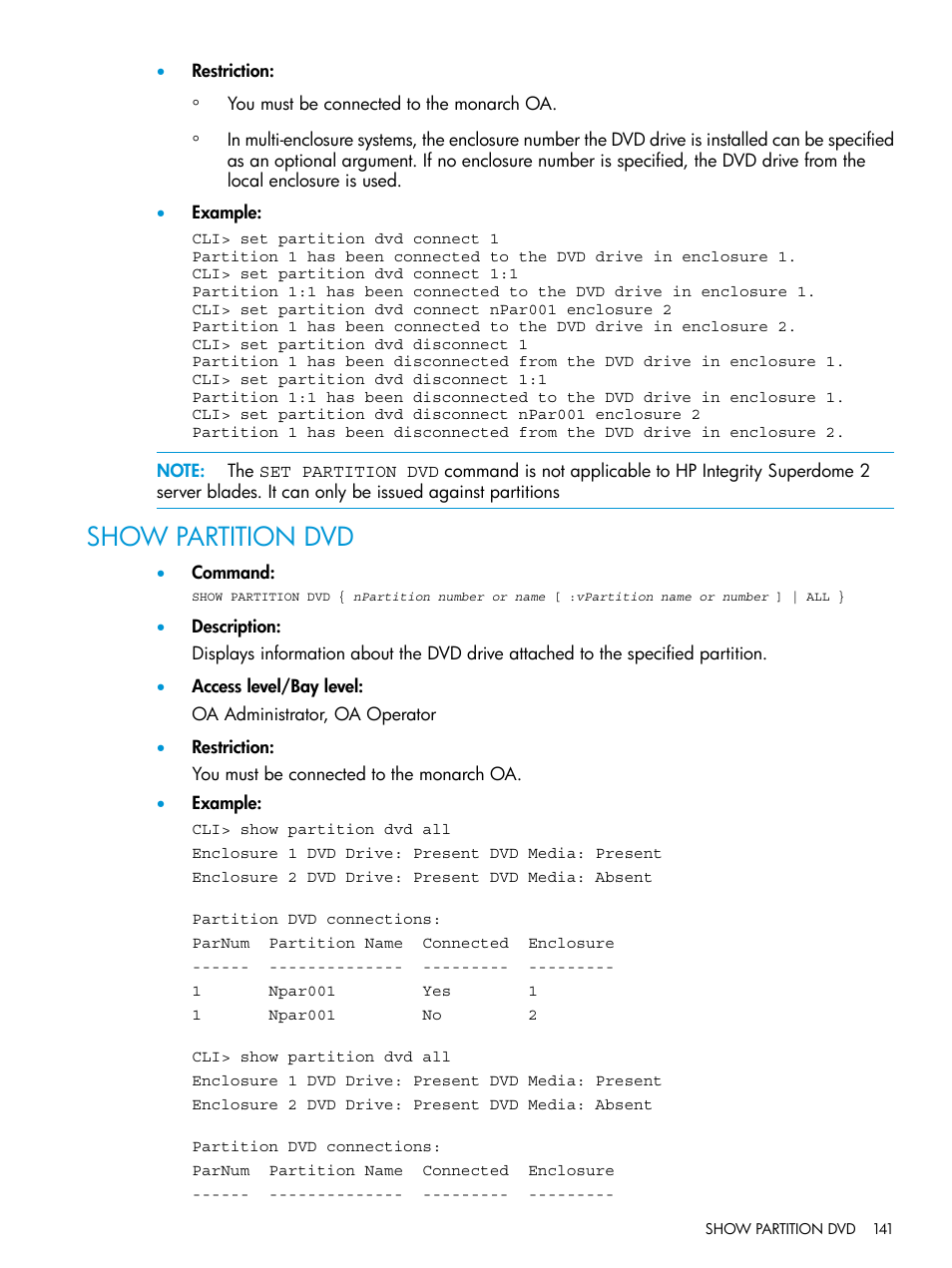 Show partition dvd | HP Integrity Superdome 2 Server User Manual | Page 141 / 217