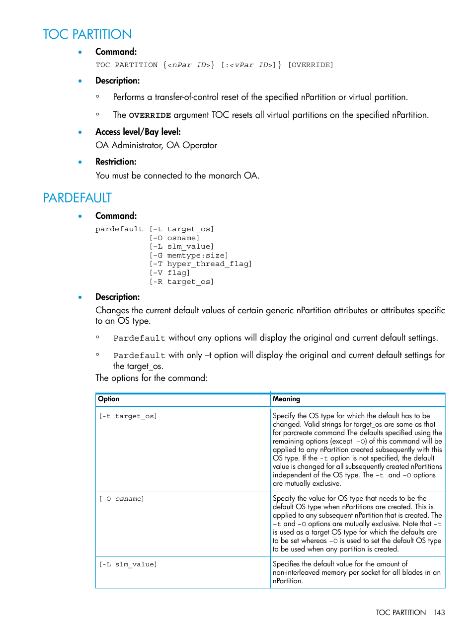 Toc partition, Pardefault, Toc partition pardefault | HP Integrity Superdome 2 Server User Manual | Page 143 / 217