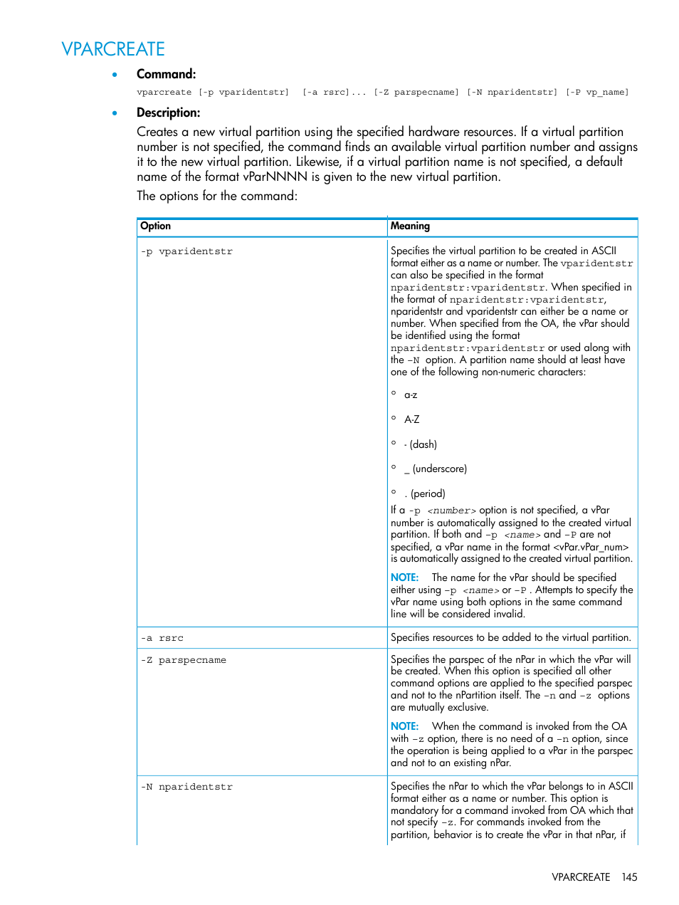 Vparcreate | HP Integrity Superdome 2 Server User Manual | Page 145 / 217