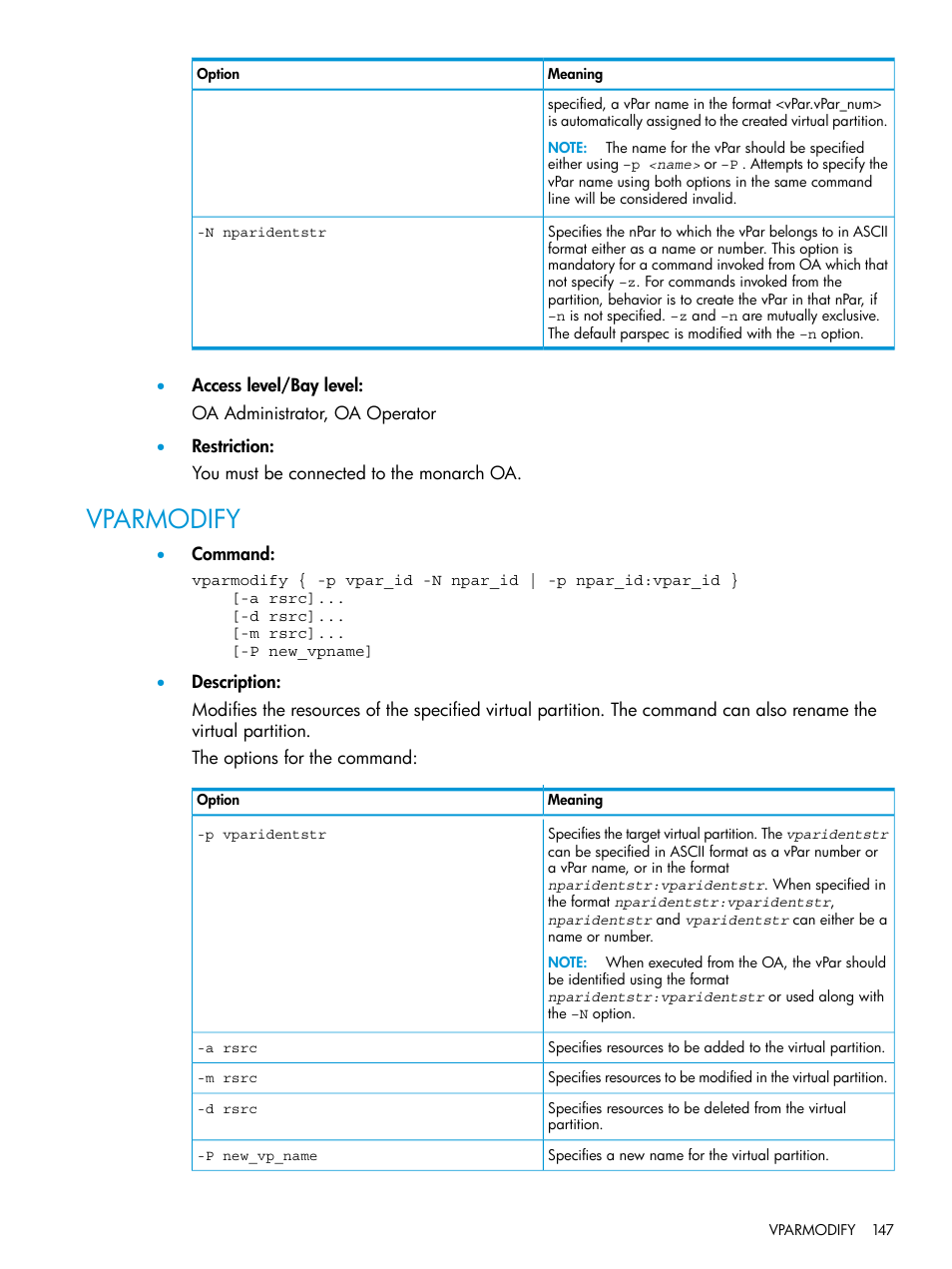 Vparmodify | HP Integrity Superdome 2 Server User Manual | Page 147 / 217