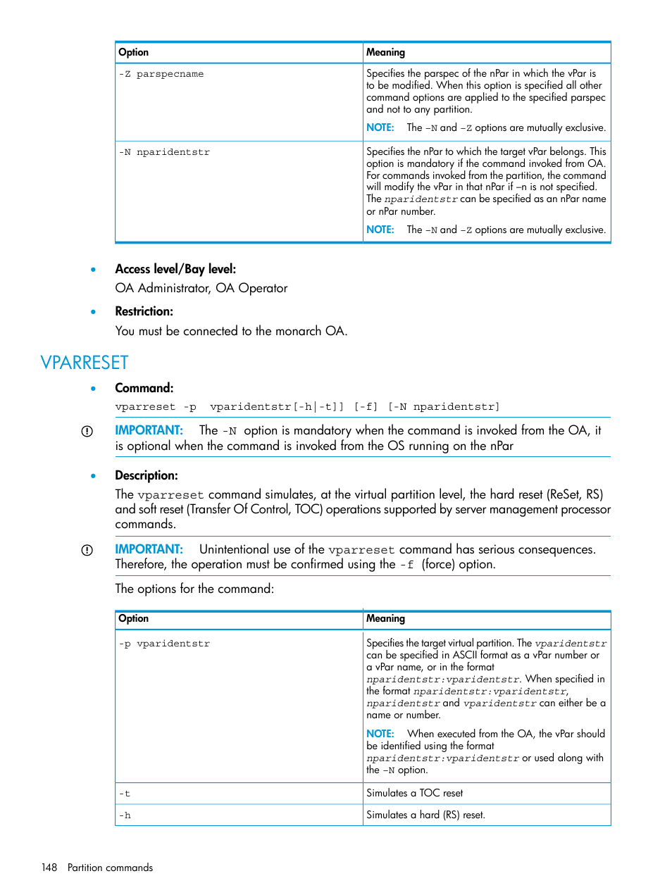 Vparreset | HP Integrity Superdome 2 Server User Manual | Page 148 / 217