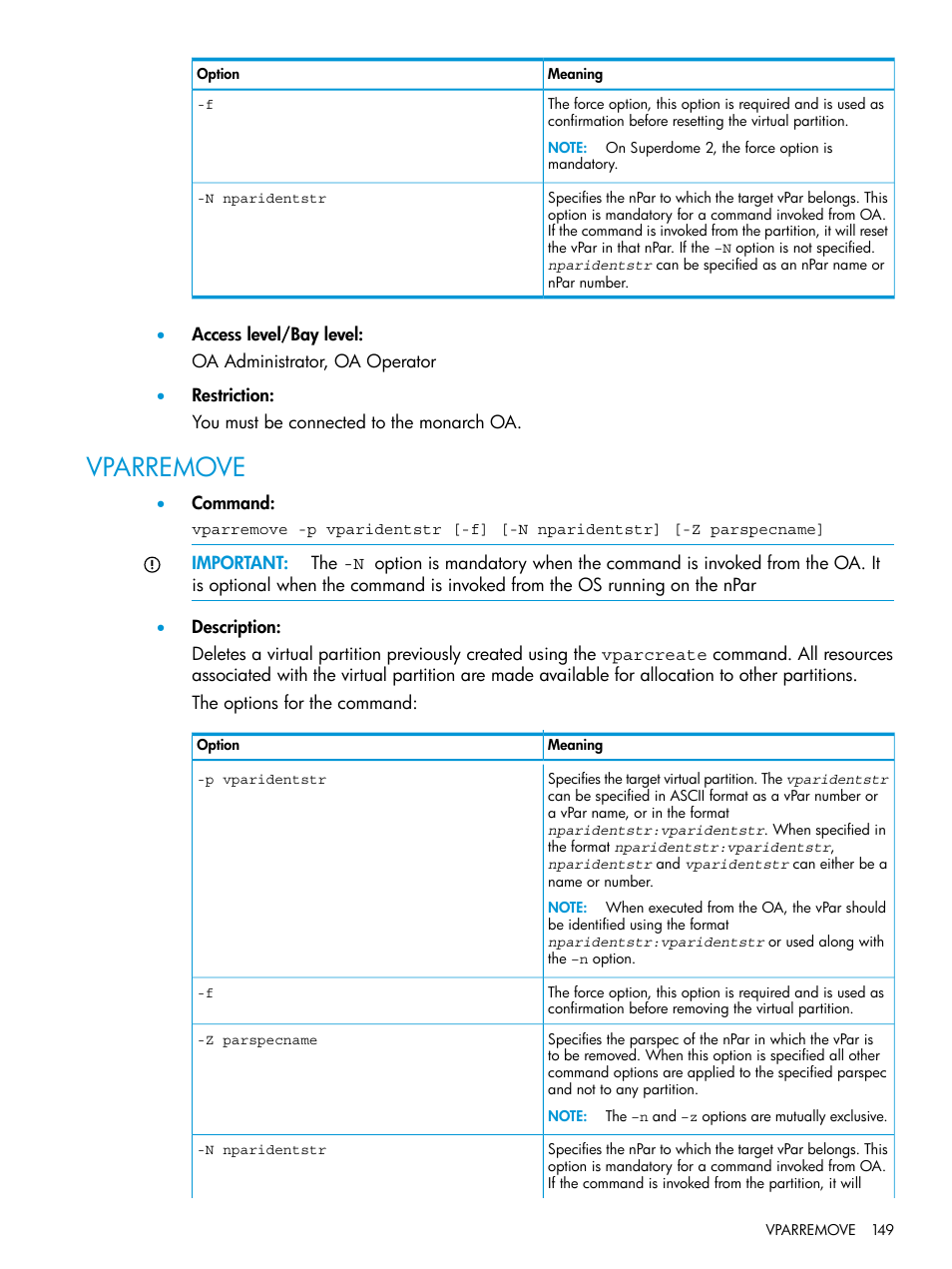 Vparremove | HP Integrity Superdome 2 Server User Manual | Page 149 / 217