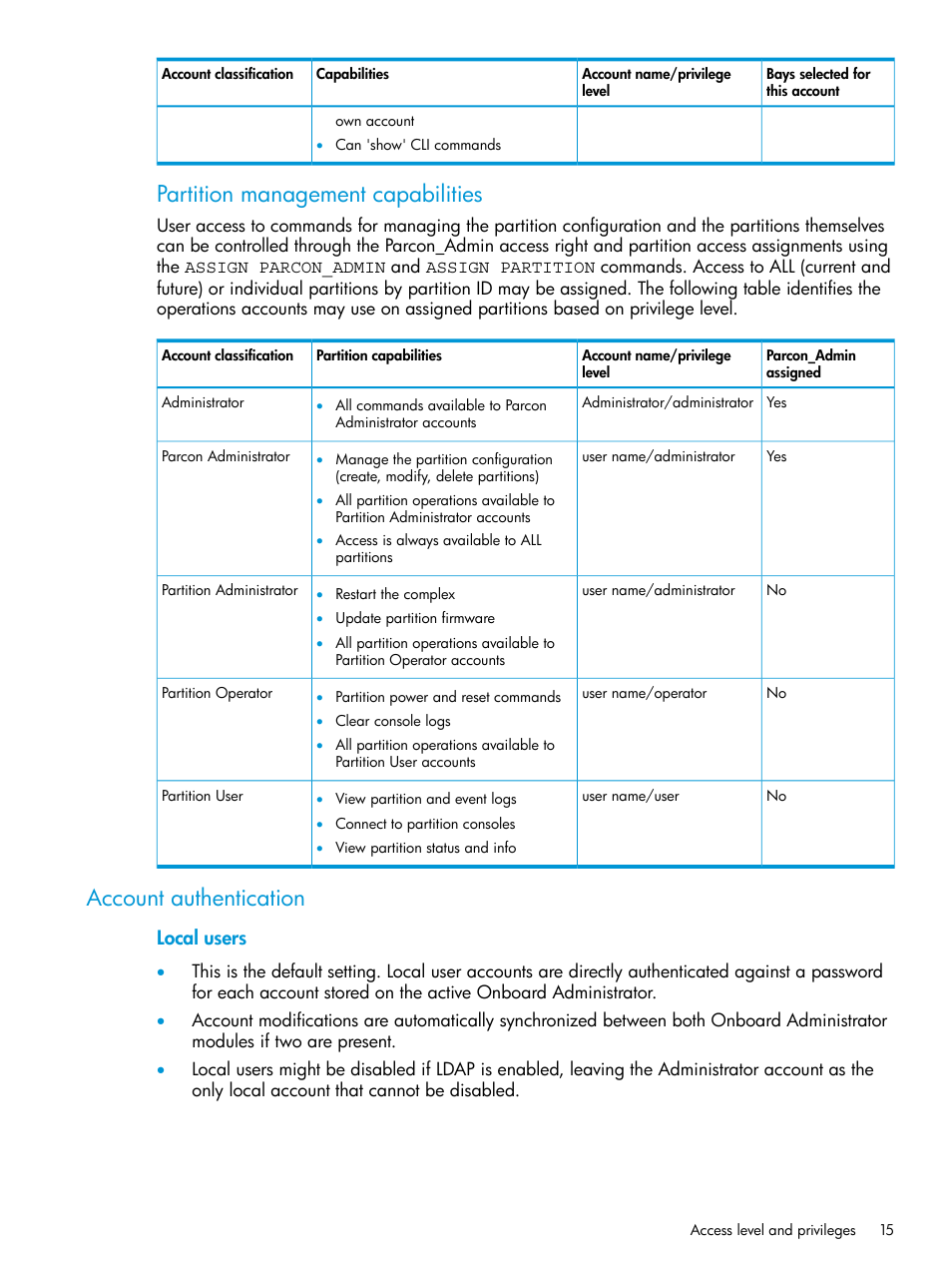 Account authentication, Partition management capabilities, Local users | HP Integrity Superdome 2 Server User Manual | Page 15 / 217