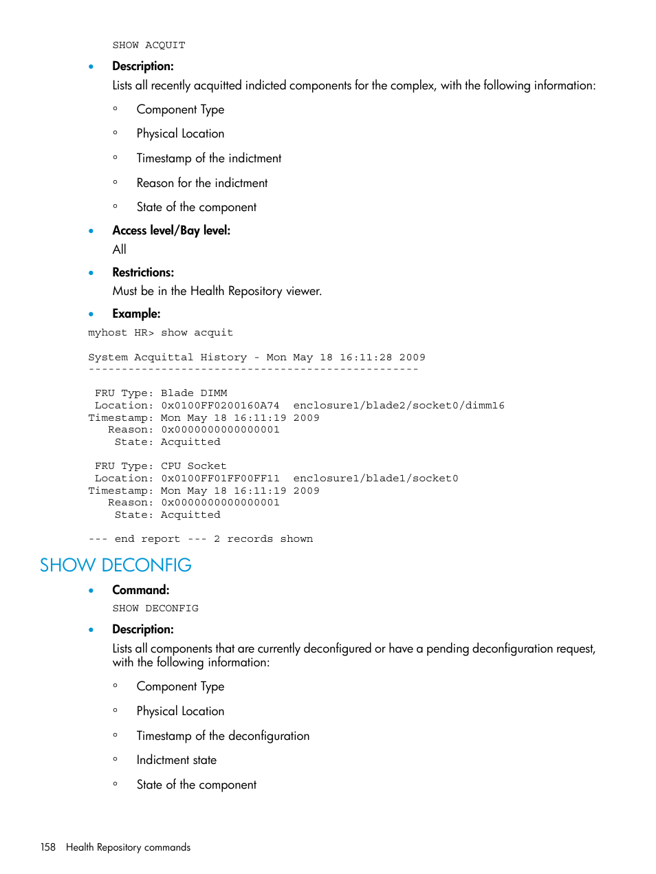 Show deconfig | HP Integrity Superdome 2 Server User Manual | Page 158 / 217