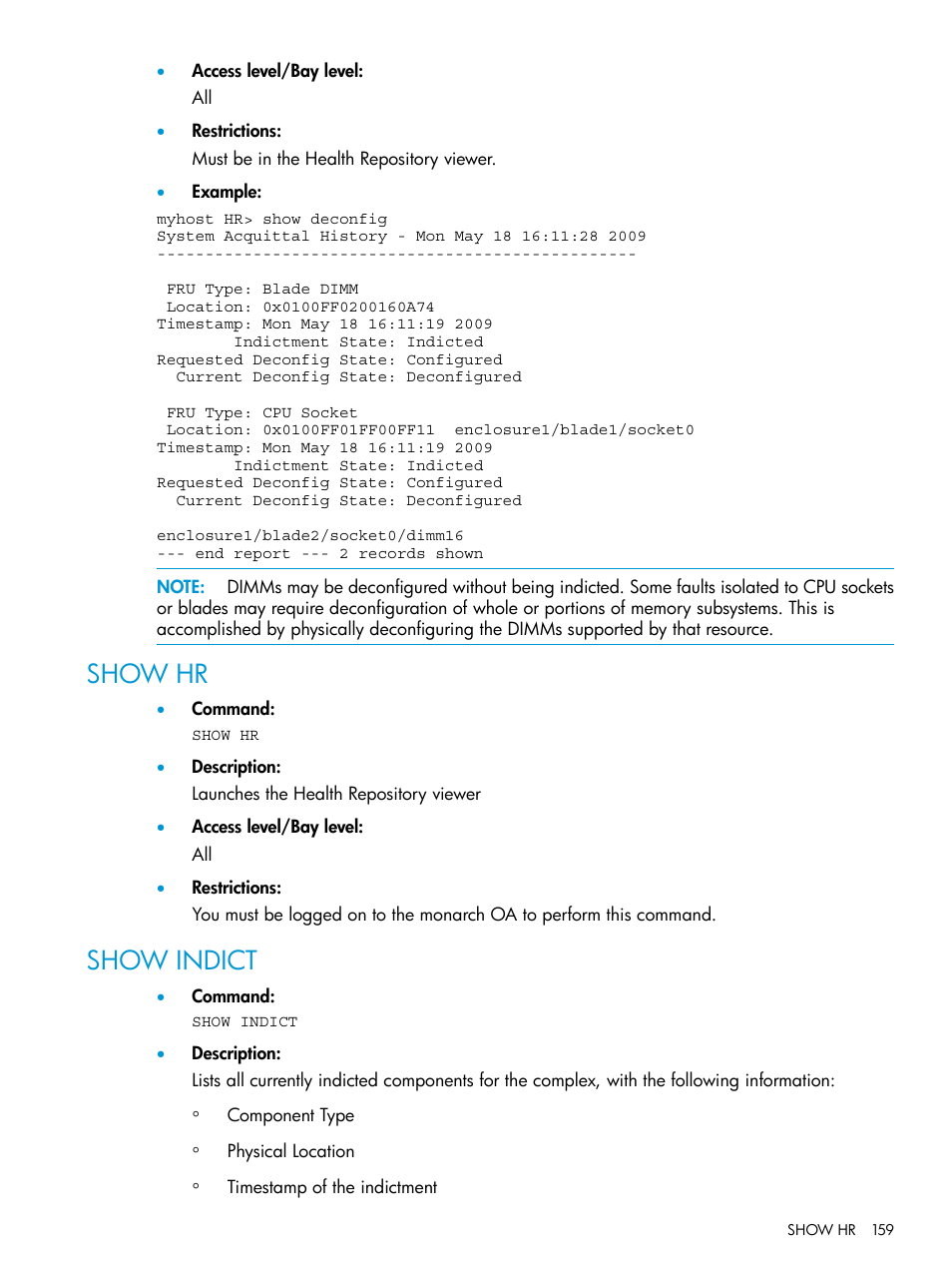 Show hr, Show indict, Show hr show indict | HP Integrity Superdome 2 Server User Manual | Page 159 / 217