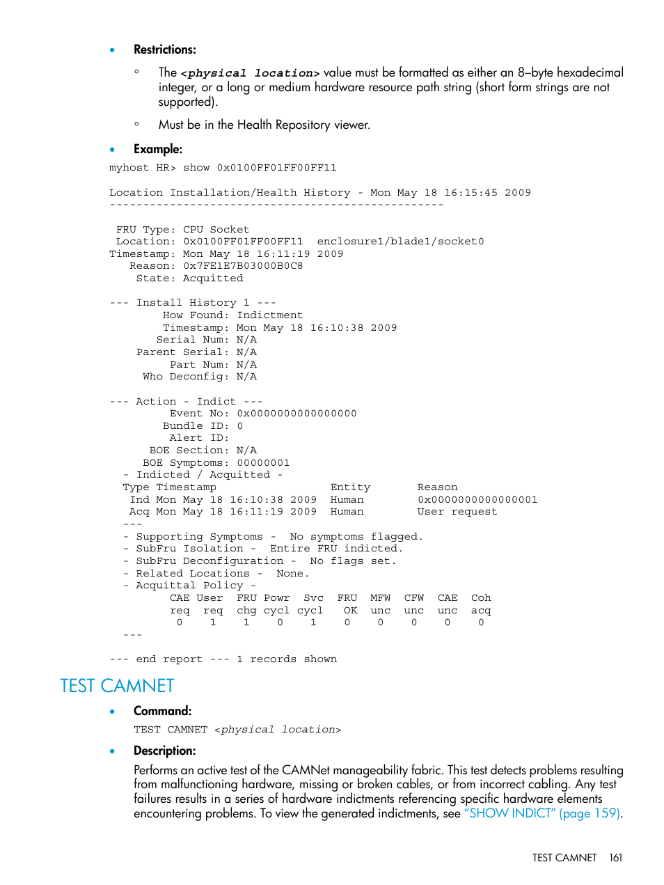 Test camnet | HP Integrity Superdome 2 Server User Manual | Page 161 / 217