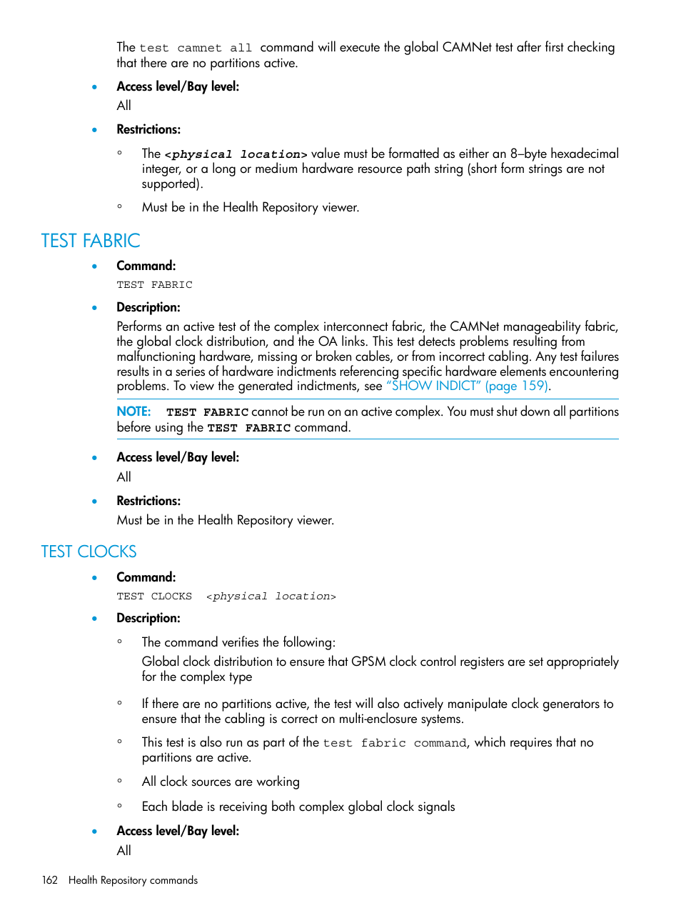 Test fabric, Test clocks | HP Integrity Superdome 2 Server User Manual | Page 162 / 217