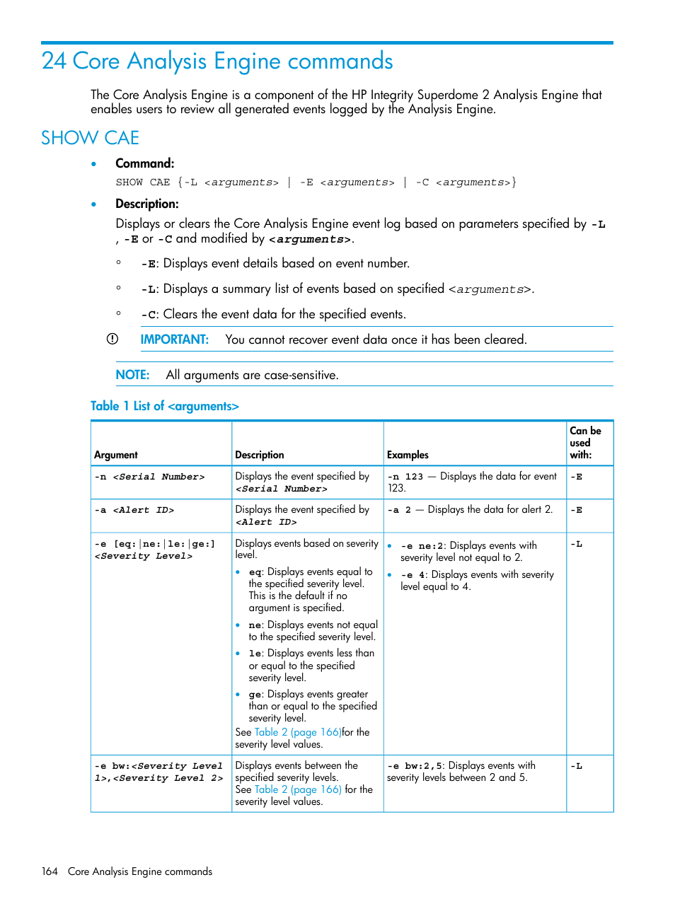 24 core analysis engine commands, Show cae | HP Integrity Superdome 2 Server User Manual | Page 164 / 217