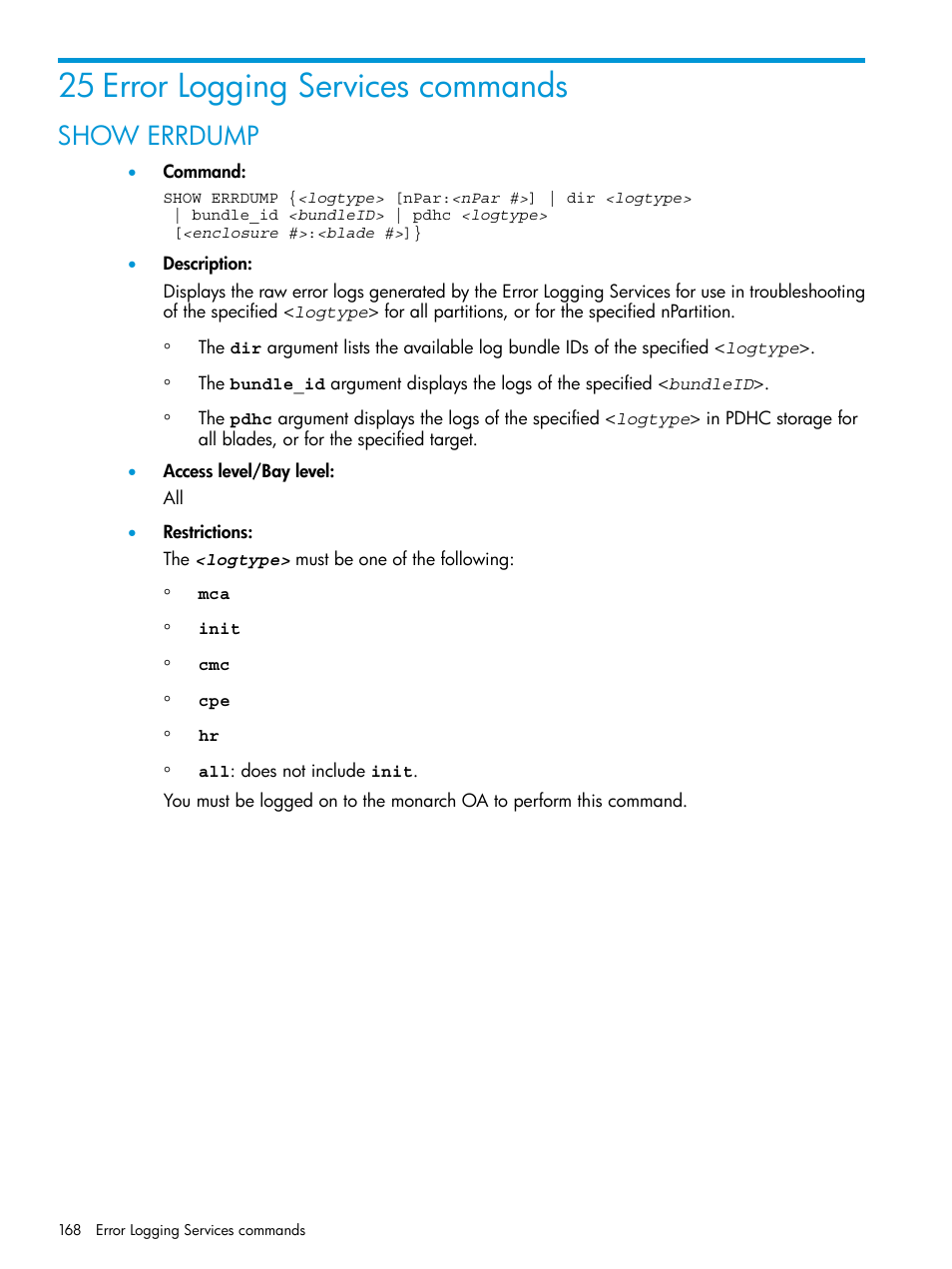 25 error logging services commands, Show errdump | HP Integrity Superdome 2 Server User Manual | Page 168 / 217