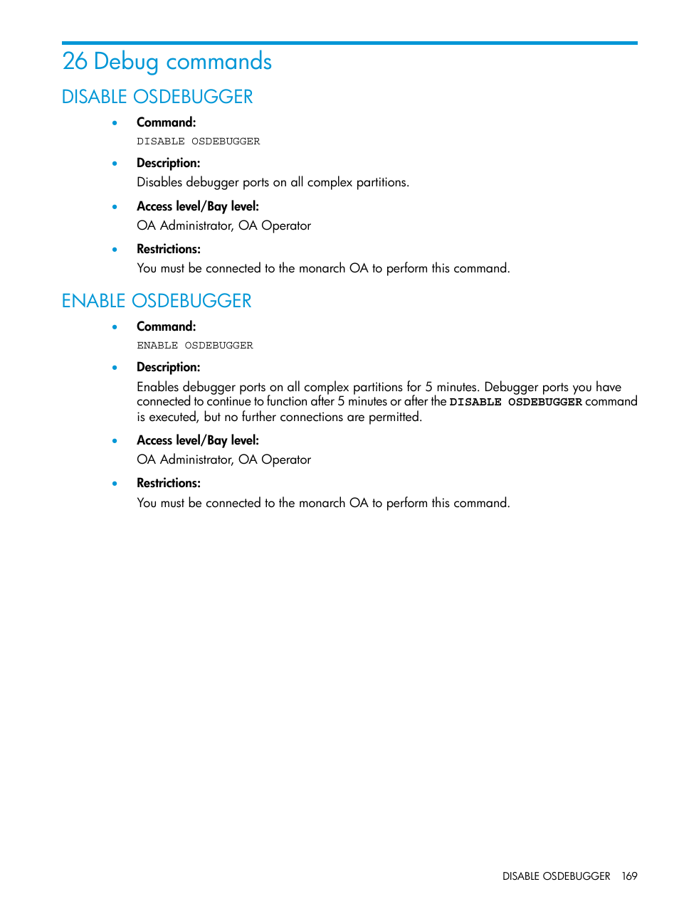 26 debug commands, Disable osdebugger, Enable osdebugger | Disable osdebugger enable osdebugger | HP Integrity Superdome 2 Server User Manual | Page 169 / 217