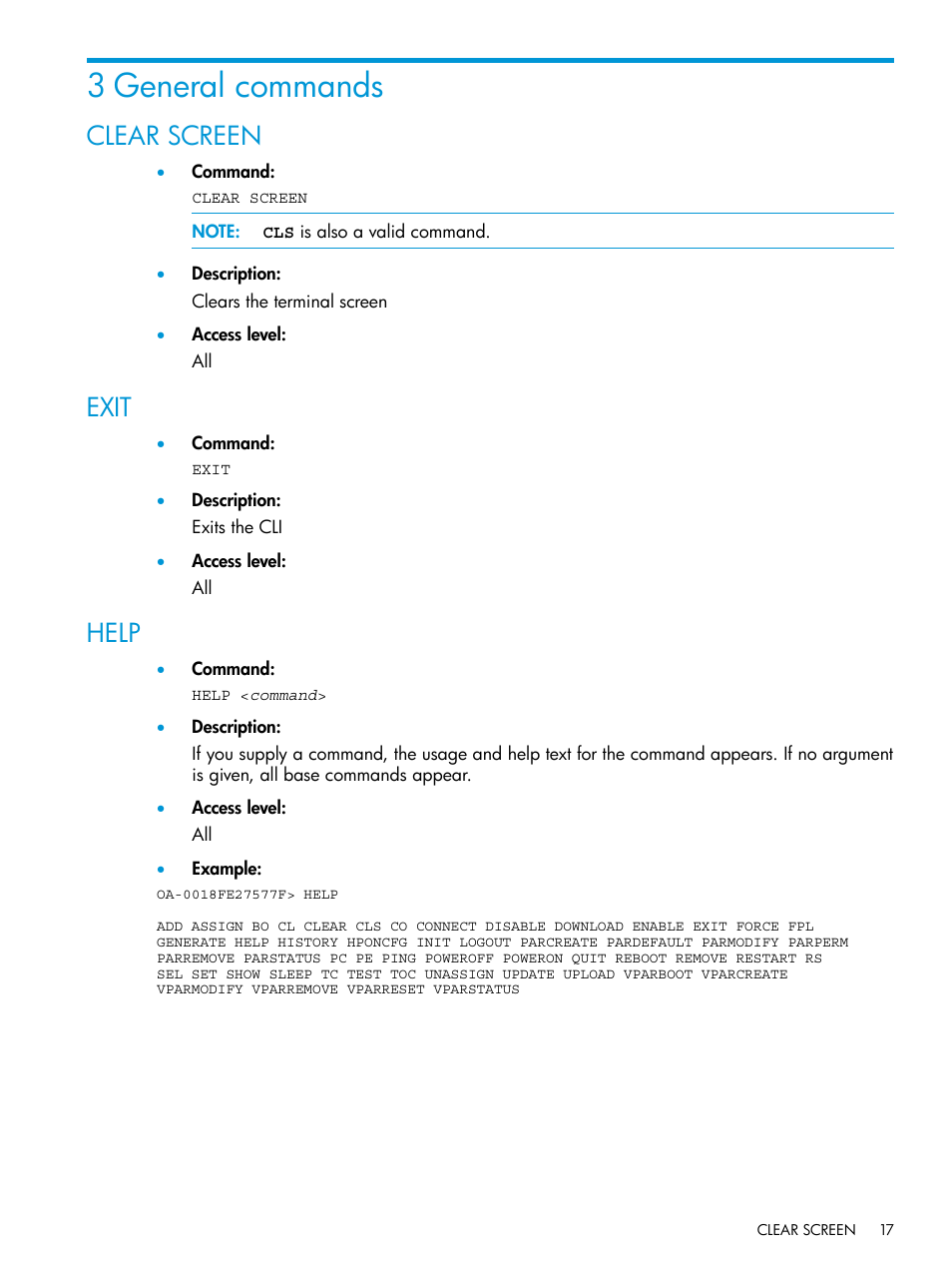 3 general commands, Clear screen, Exit | Help, Clear screen exit help | HP Integrity Superdome 2 Server User Manual | Page 17 / 217