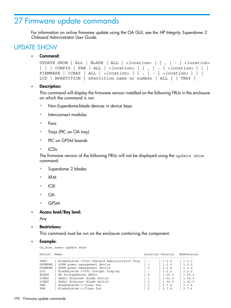 27 firmware update commands, Update show | HP Integrity Superdome 2 Server User Manual | Page 170 / 217