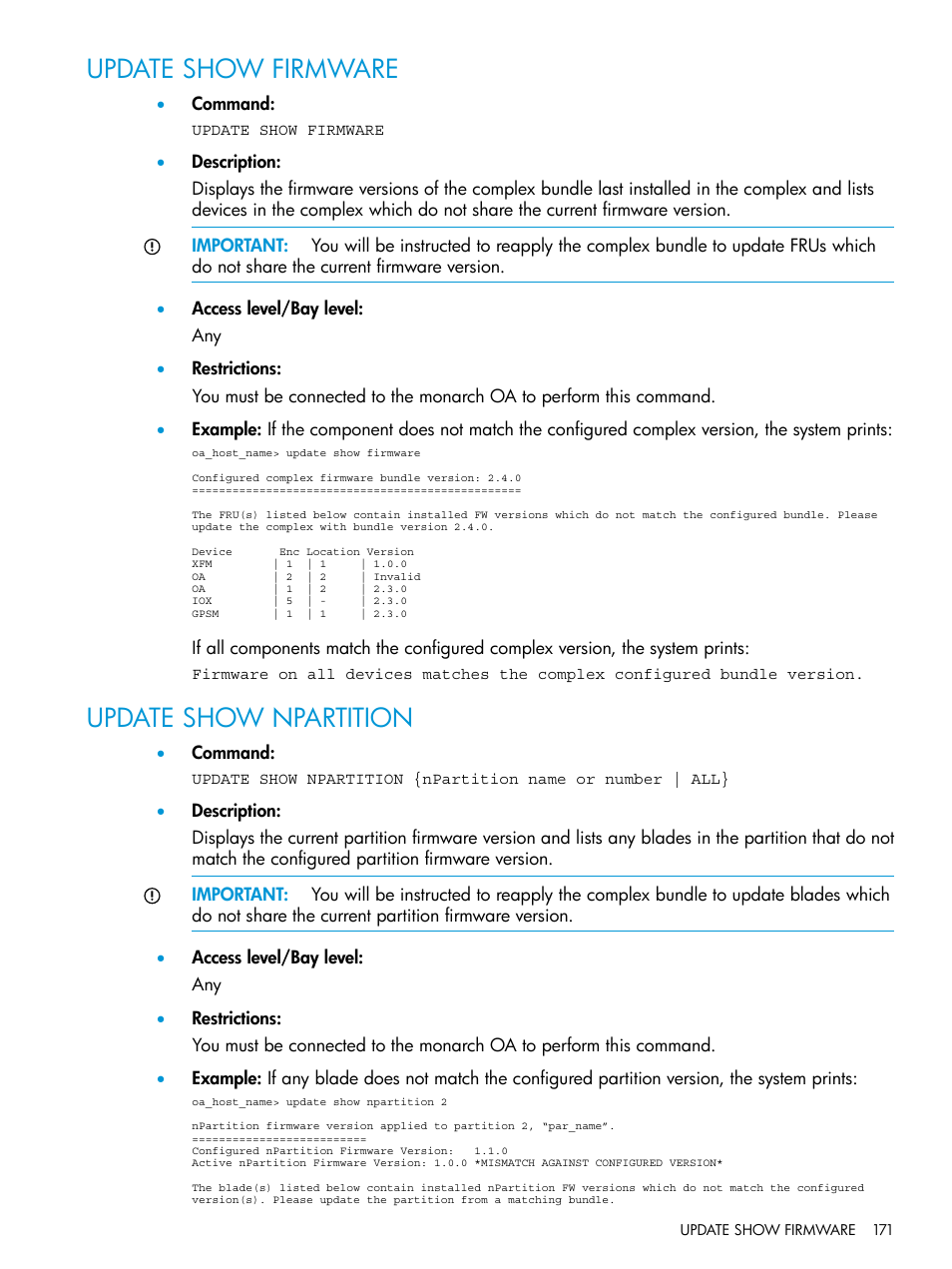 Update show firmware, Update show npartition, Update show firmware update show npartition | HP Integrity Superdome 2 Server User Manual | Page 171 / 217