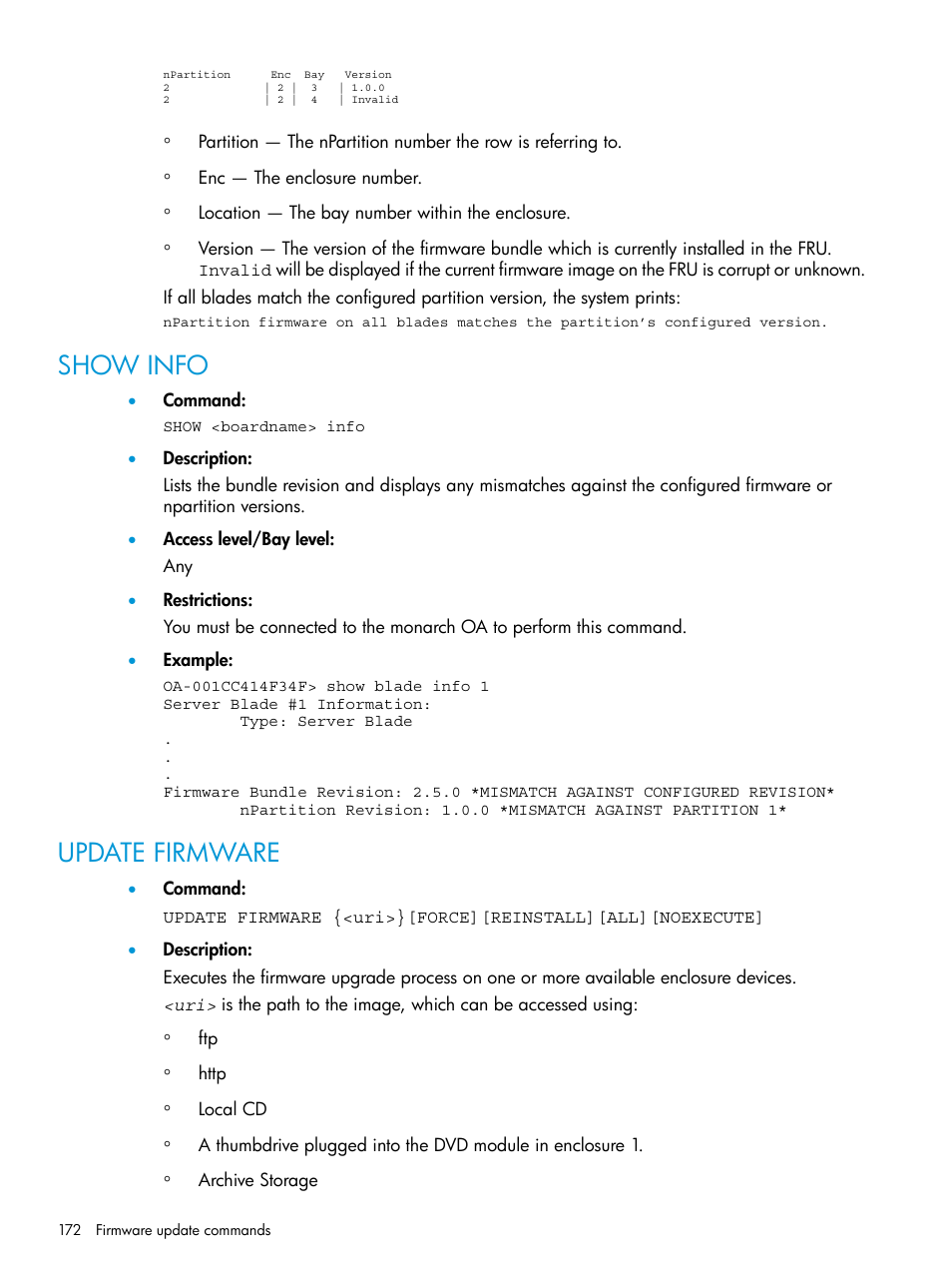 Show info, Update firmware, Show info update firmware | HP Integrity Superdome 2 Server User Manual | Page 172 / 217