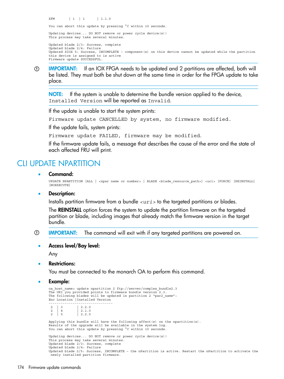 Cli update npartition | HP Integrity Superdome 2 Server User Manual | Page 174 / 217