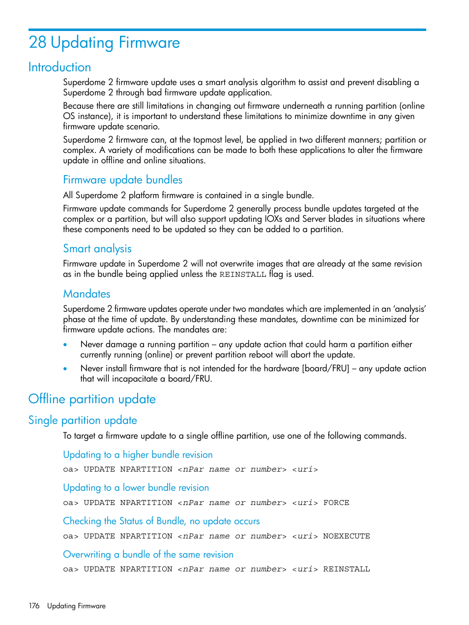 28 updating firmware, Introduction, Offline partition update | Single partition update, Introduction offline partition update | HP Integrity Superdome 2 Server User Manual | Page 176 / 217