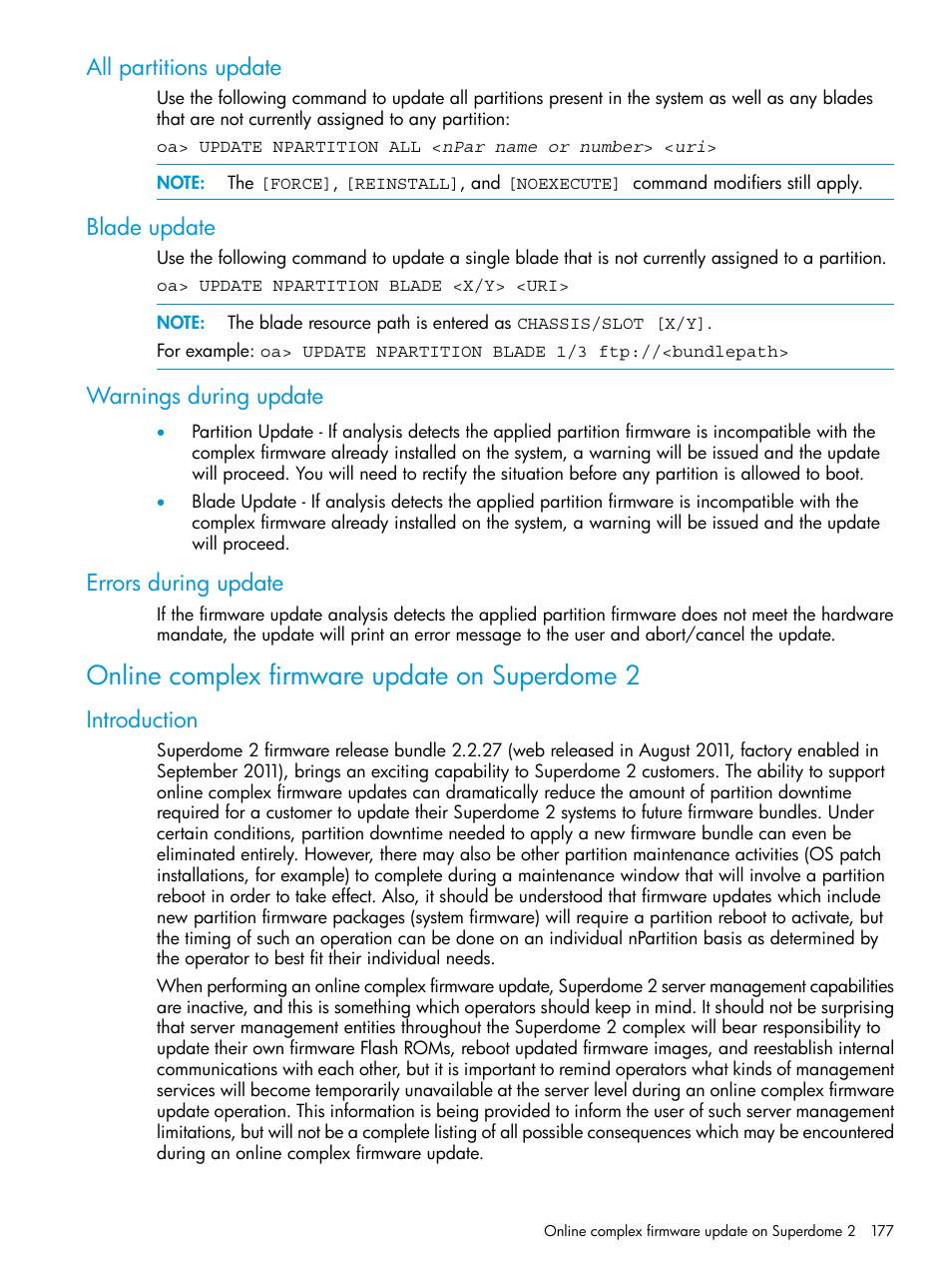 All partitions update, Blade update, Warnings during update | Errors during update, Online complex firmware update on superdome 2, Introduction | HP Integrity Superdome 2 Server User Manual | Page 177 / 217