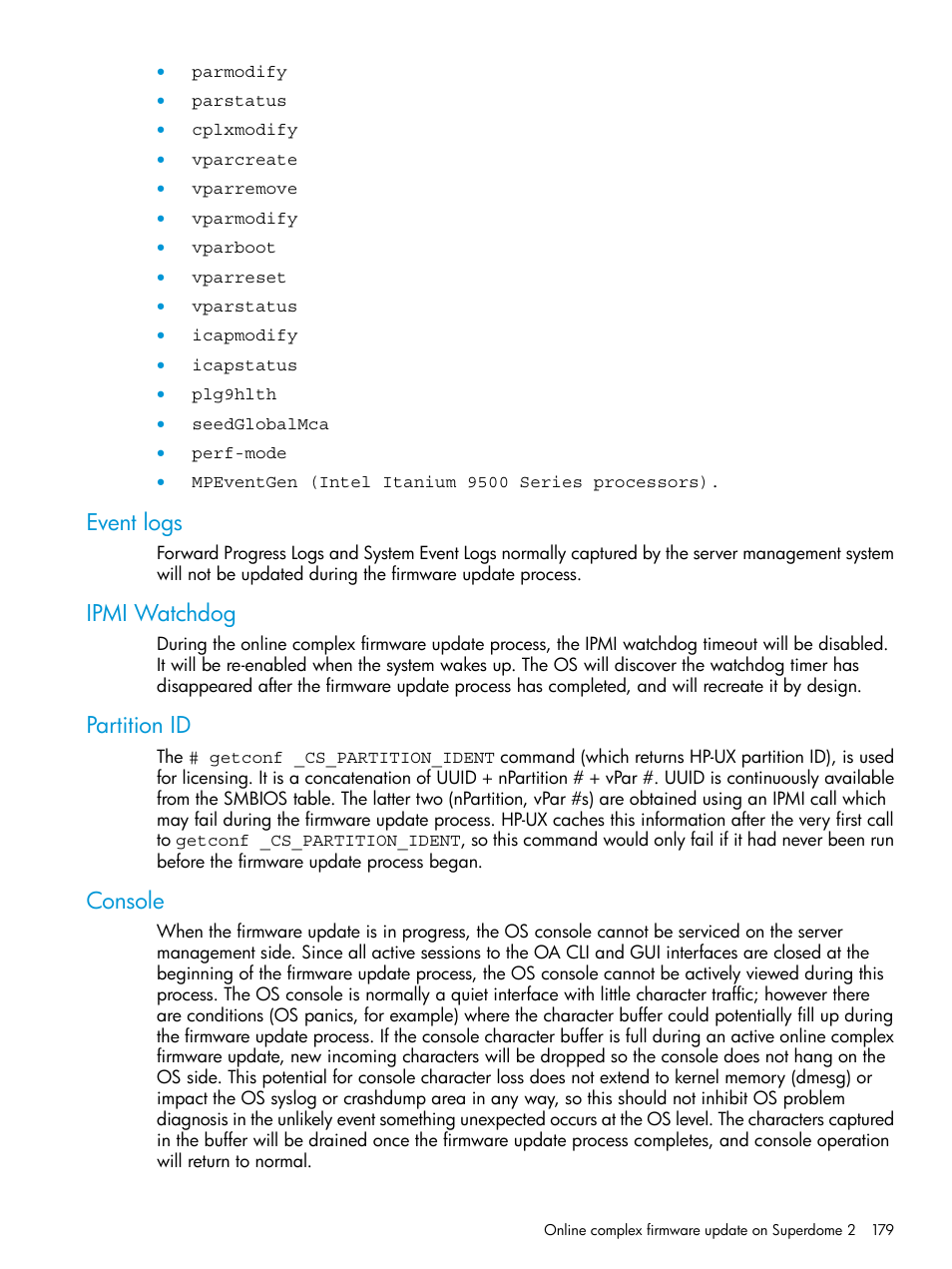 Event logs, Ipmi watchdog, Partition id | Console, Event logs ipmi watchdog partition id console | HP Integrity Superdome 2 Server User Manual | Page 179 / 217