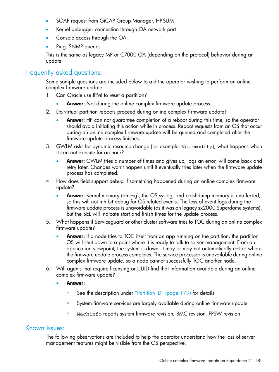 Frequently asked questions, Known issues, Frequently asked questions: known issues | HP Integrity Superdome 2 Server User Manual | Page 181 / 217