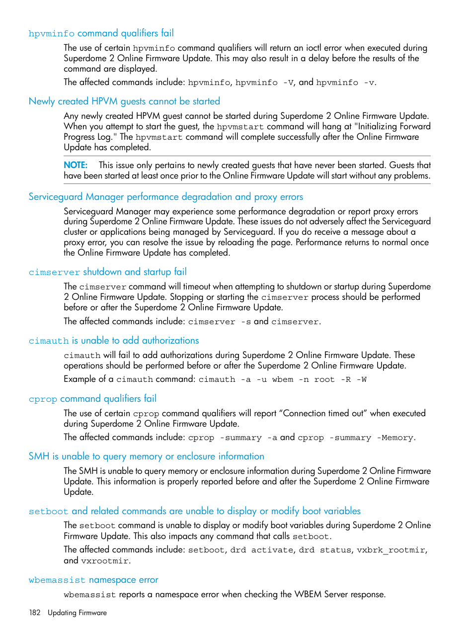 Hpvminfo command qualifiers fail, Newly created hpvm guests cannot be started, Cimserver shutdown and startup fail | Cimauth is unable to add authorizations, Cprop command qualifiers fail, Wbemassist namespace error | HP Integrity Superdome 2 Server User Manual | Page 182 / 217