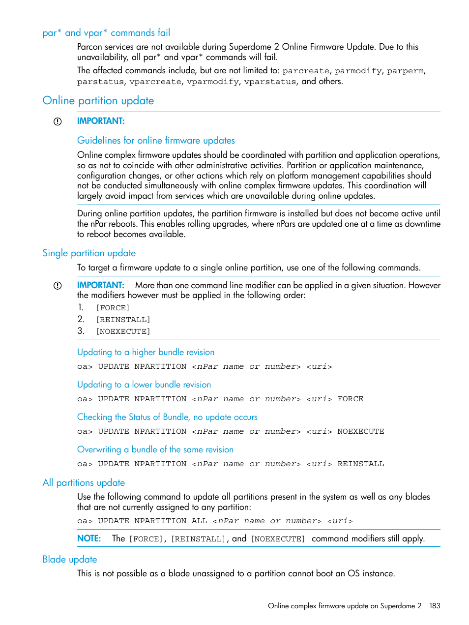 Par* and vpar* commands fail, Online partition update, Single partition update | All partitions update, Blade update | HP Integrity Superdome 2 Server User Manual | Page 183 / 217