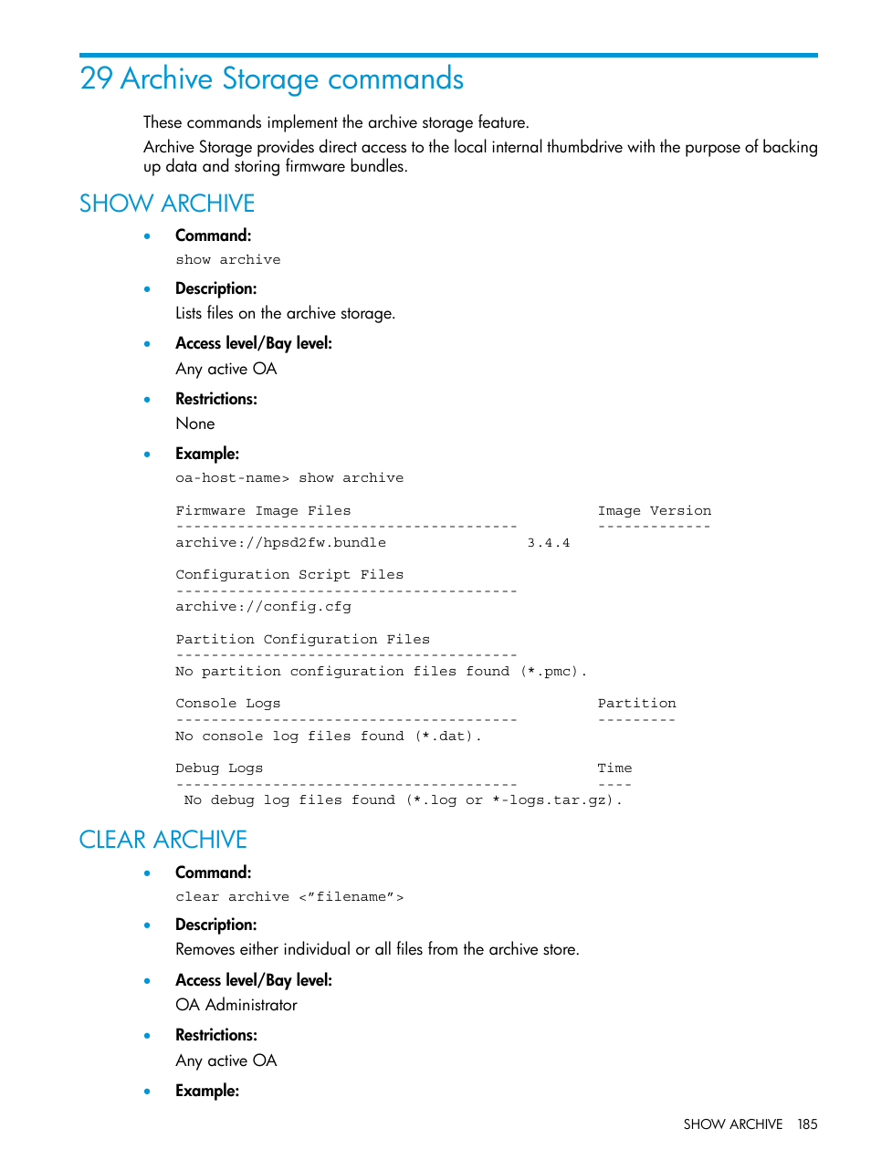 29 archive storage commands, Show archive, Clear archive | Show archive clear archive | HP Integrity Superdome 2 Server User Manual | Page 185 / 217