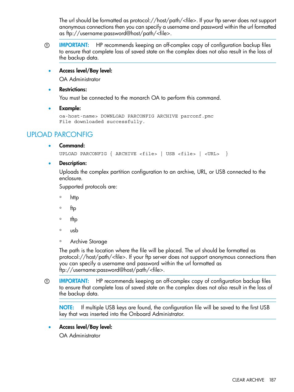 Upload parconfig | HP Integrity Superdome 2 Server User Manual | Page 187 / 217