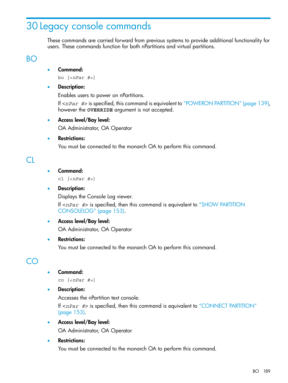 30 legacy console commands, Bo cl co | HP Integrity Superdome 2 Server User Manual | Page 189 / 217