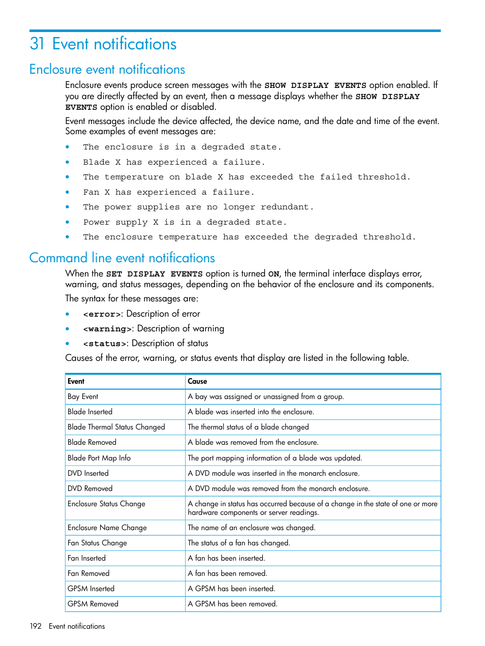 31 event notifications, Enclosure event notifications, Command line event notifications | HP Integrity Superdome 2 Server User Manual | Page 192 / 217