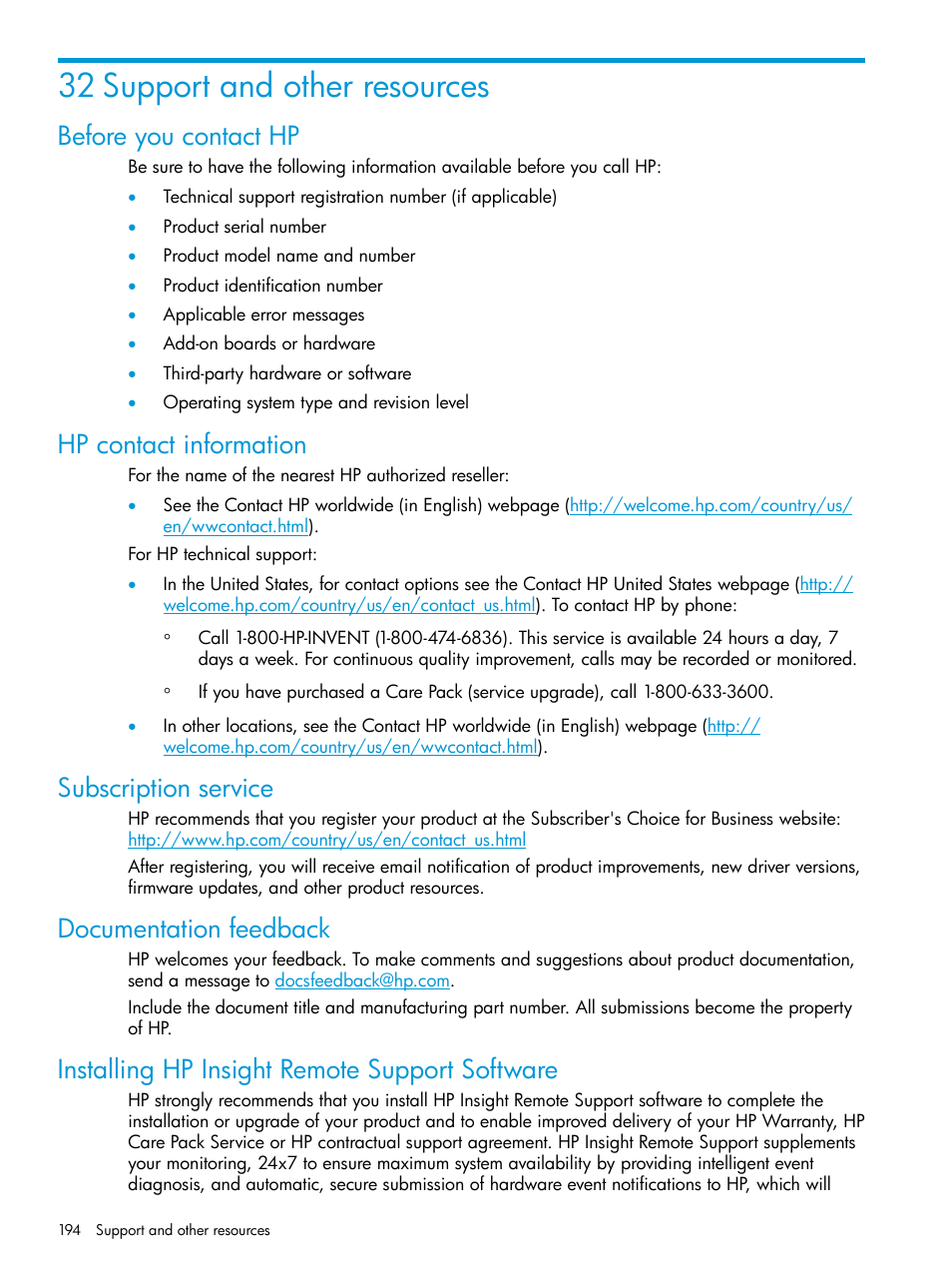 32 support and other resources, Before you contact hp, Hp contact information | Subscription service, Documentation feedback, Installing hp insight remote support software | HP Integrity Superdome 2 Server User Manual | Page 194 / 217