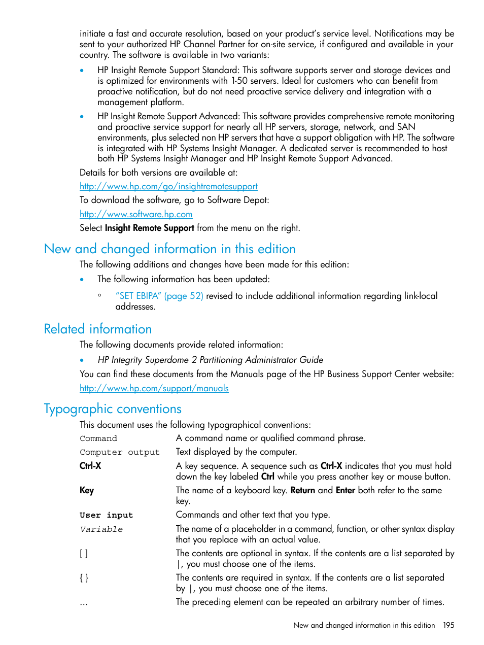 New and changed information in this edition, Related information, Typographic conventions | HP Integrity Superdome 2 Server User Manual | Page 195 / 217