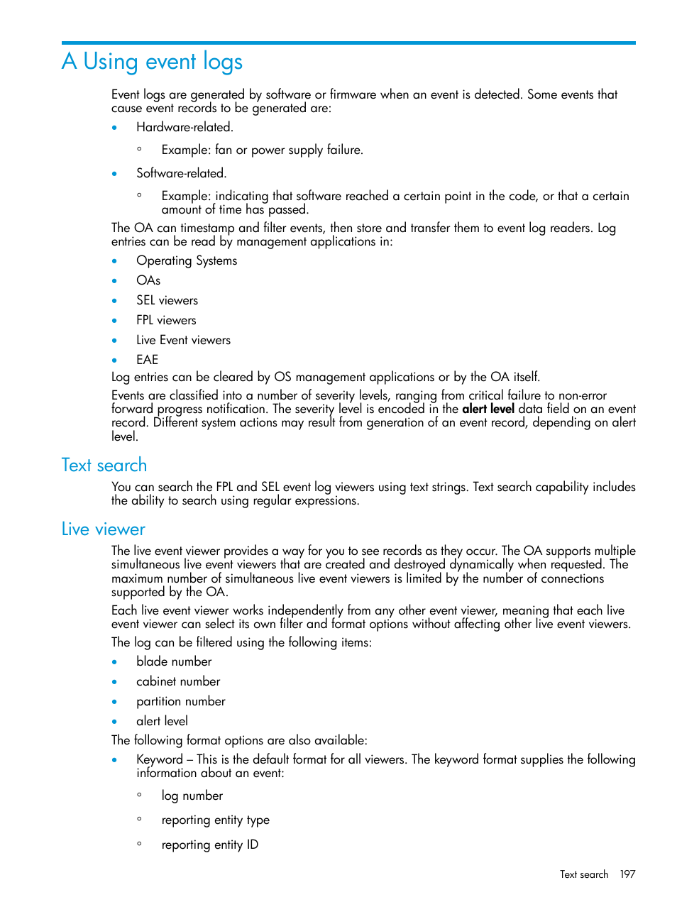 A using event logs, Text search, Live viewer | Text search live viewer | HP Integrity Superdome 2 Server User Manual | Page 197 / 217