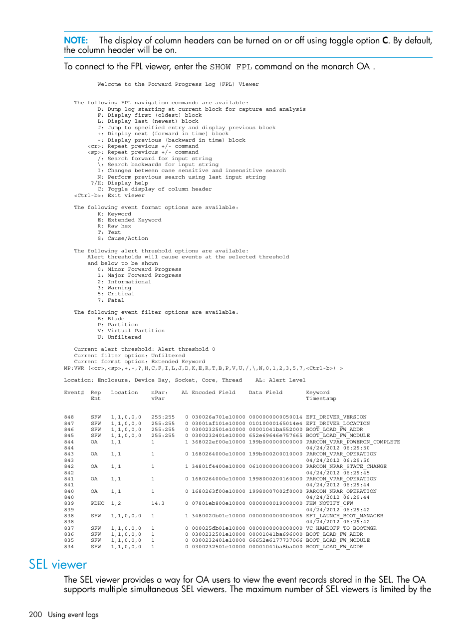 Sel viewer | HP Integrity Superdome 2 Server User Manual | Page 200 / 217