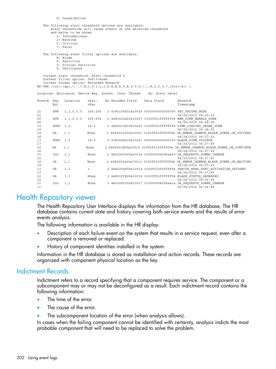 Health repository viewer, Indictment records | HP Integrity Superdome 2 Server User Manual | Page 202 / 217