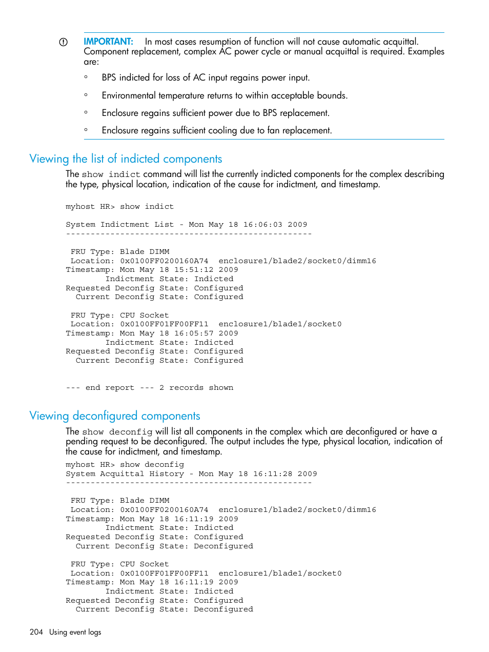 Viewing the list of indicted components, Viewing deconfigured components | HP Integrity Superdome 2 Server User Manual | Page 204 / 217
