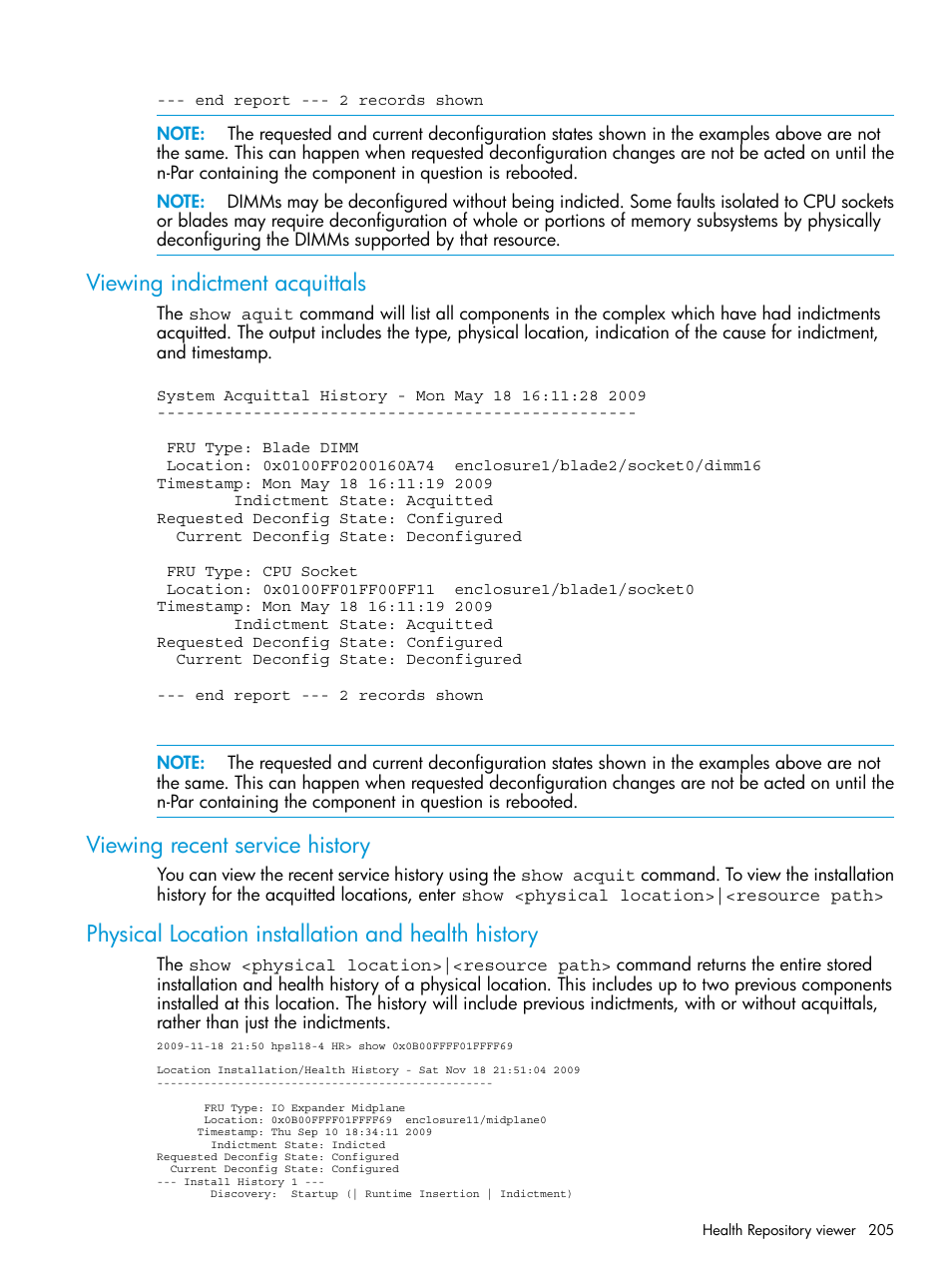 Viewing indictment acquittals, Viewing recent service history, Physical location installation and health history | HP Integrity Superdome 2 Server User Manual | Page 205 / 217